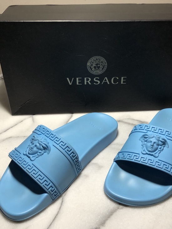 NIB VERSACE Men\'s Blue Palazzo Medusa Pool Slides Sandals Size 42